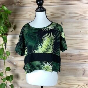 Paradiso Crop Top Womens Large Green Tropical Palm Leaf Beaded Boxy Dark Floral